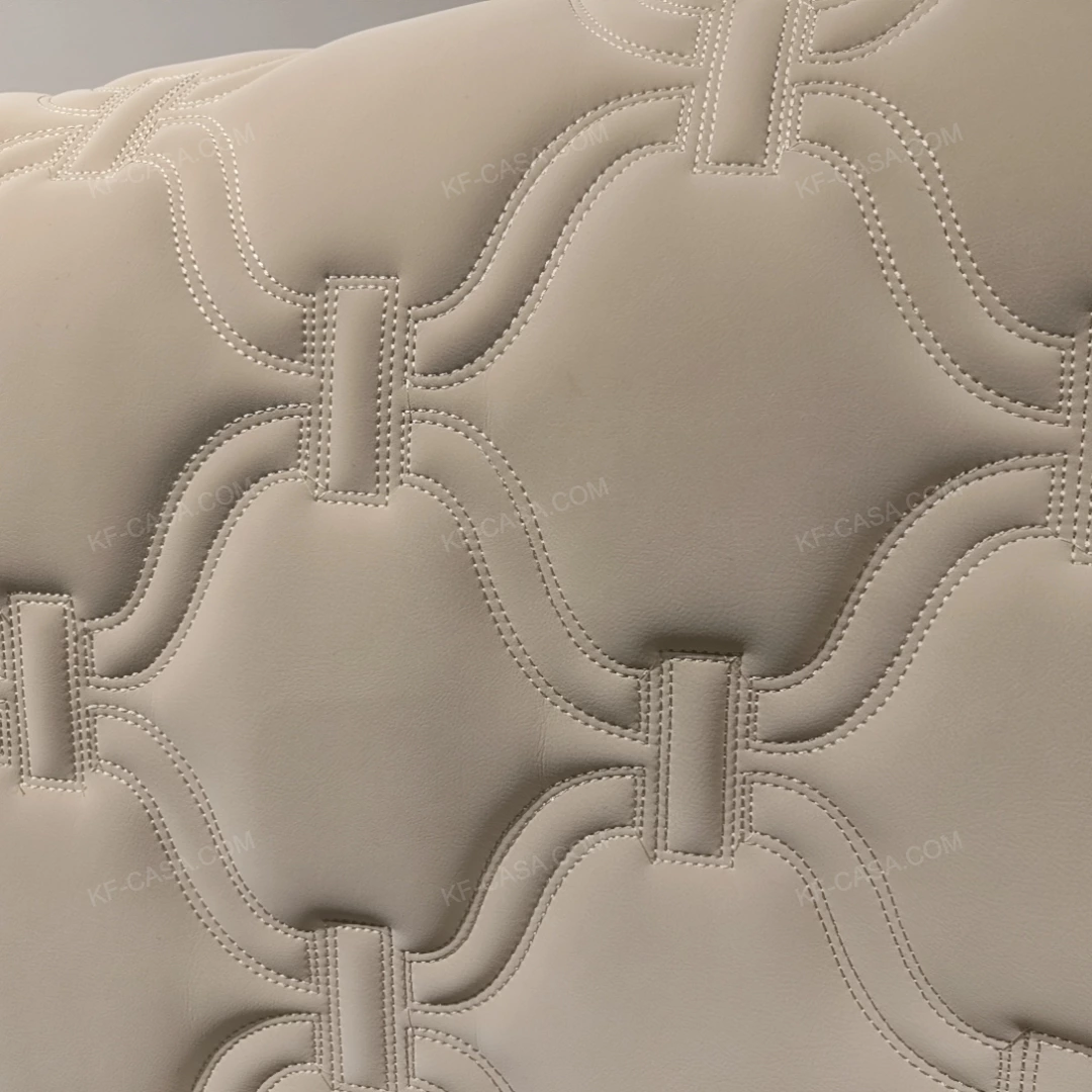 Cream Quilted Upholstered Bed with Patterned Stitching & Gold Stainless Steel Accents